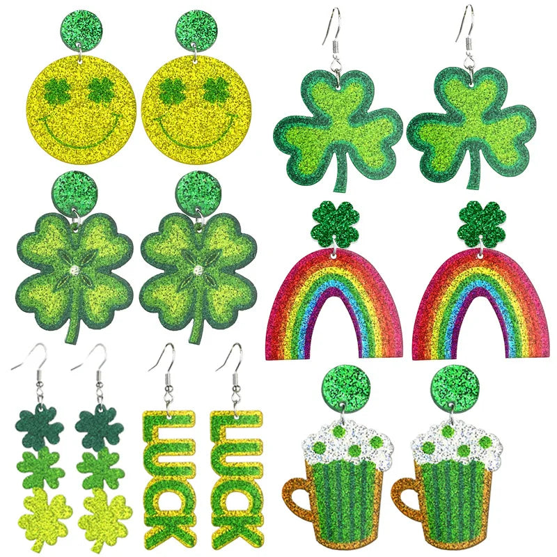 New St. Patrick's Earrings Green Festival Atmosphere Rainbow Beer Clover Shining Acrylic Earrings