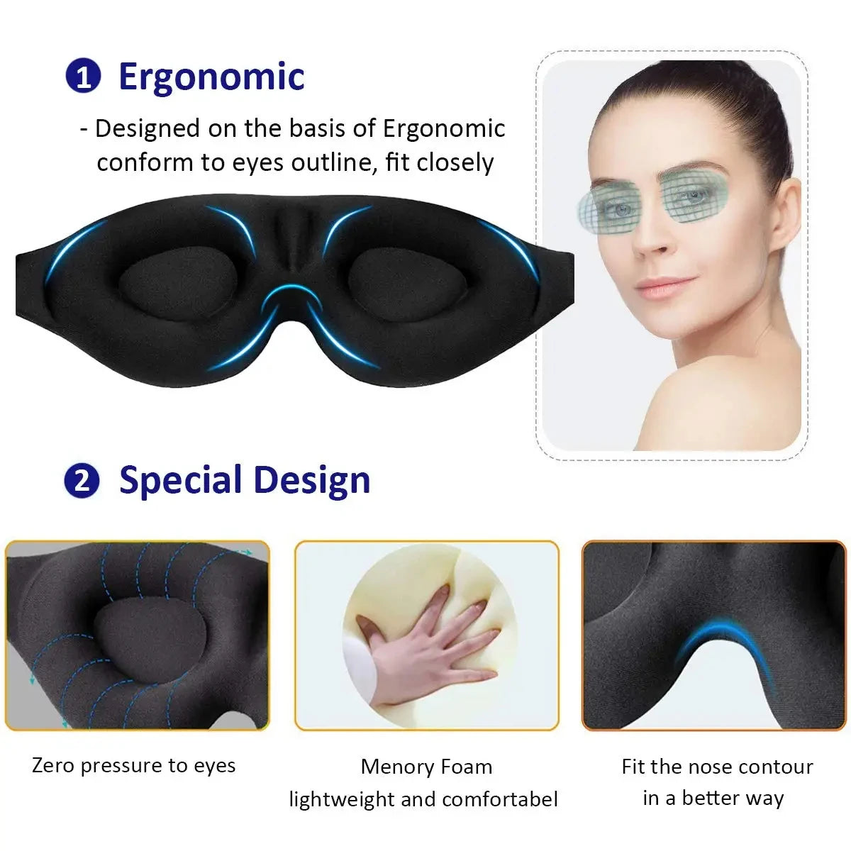 🌙 3D Contoured Sleep Mask – Ultra Soft, Light-Blocking Eye Mask for Women & Men 💤