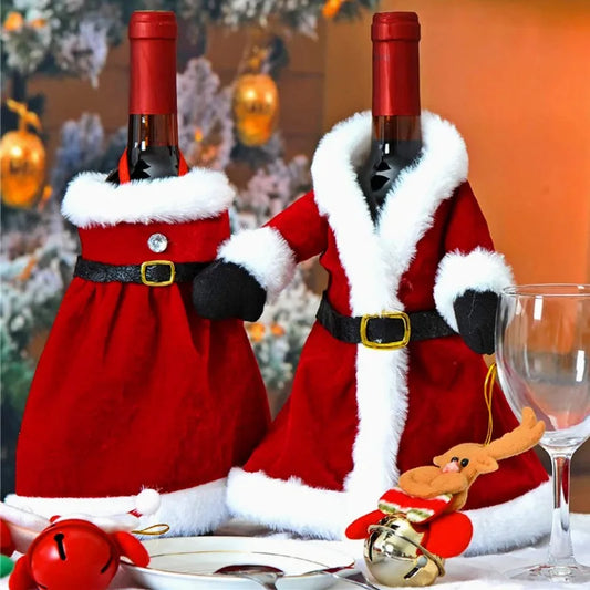 Creative Christmas Wine Bottle Set | Golden Velvet Dress Covers | Santa & Snowman Table Decor for Holiday Celebrations