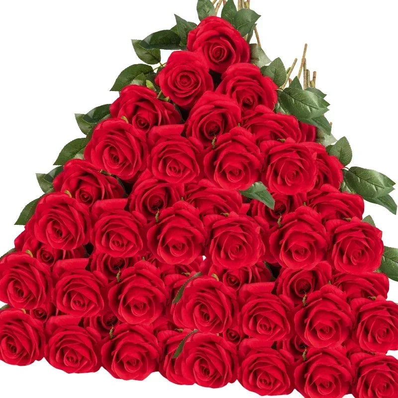 50PCS Real Touch Velvet Artificial Roses | Lifelike Fake Flowers for Valentine's, Weddings & Home Decor