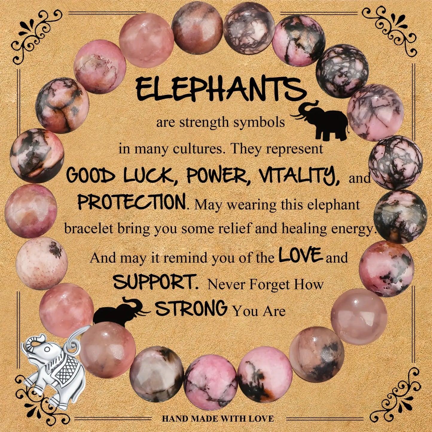 Cache Bracelet - Natural Stone Emperor Bead Bracelet – Pink Zebra Elephant Design with Blessing Card, Women’s Gift