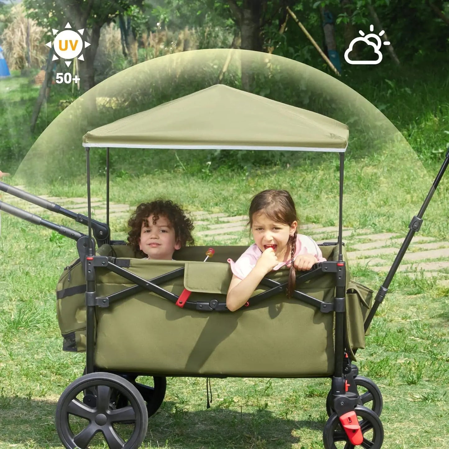 Foldable Wagon Stroller for Two Kids & Cargo - Collapsible Folding Wagon with Adjustable Handle, Canopy, and 5-Point Harness, Green