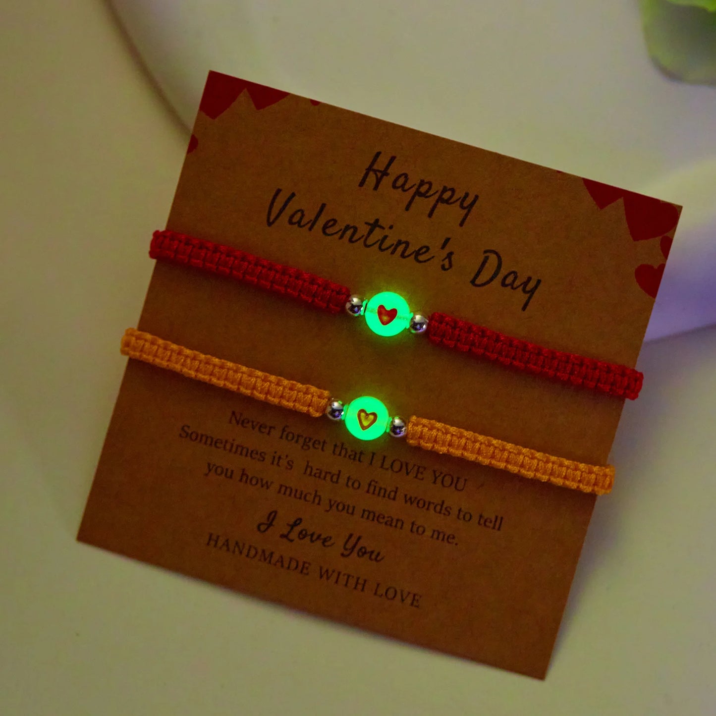 2PCS Luminous Heart Cache Bracelet – Adjustable Handmade Matching Promise Jewelry for Couples & Friends