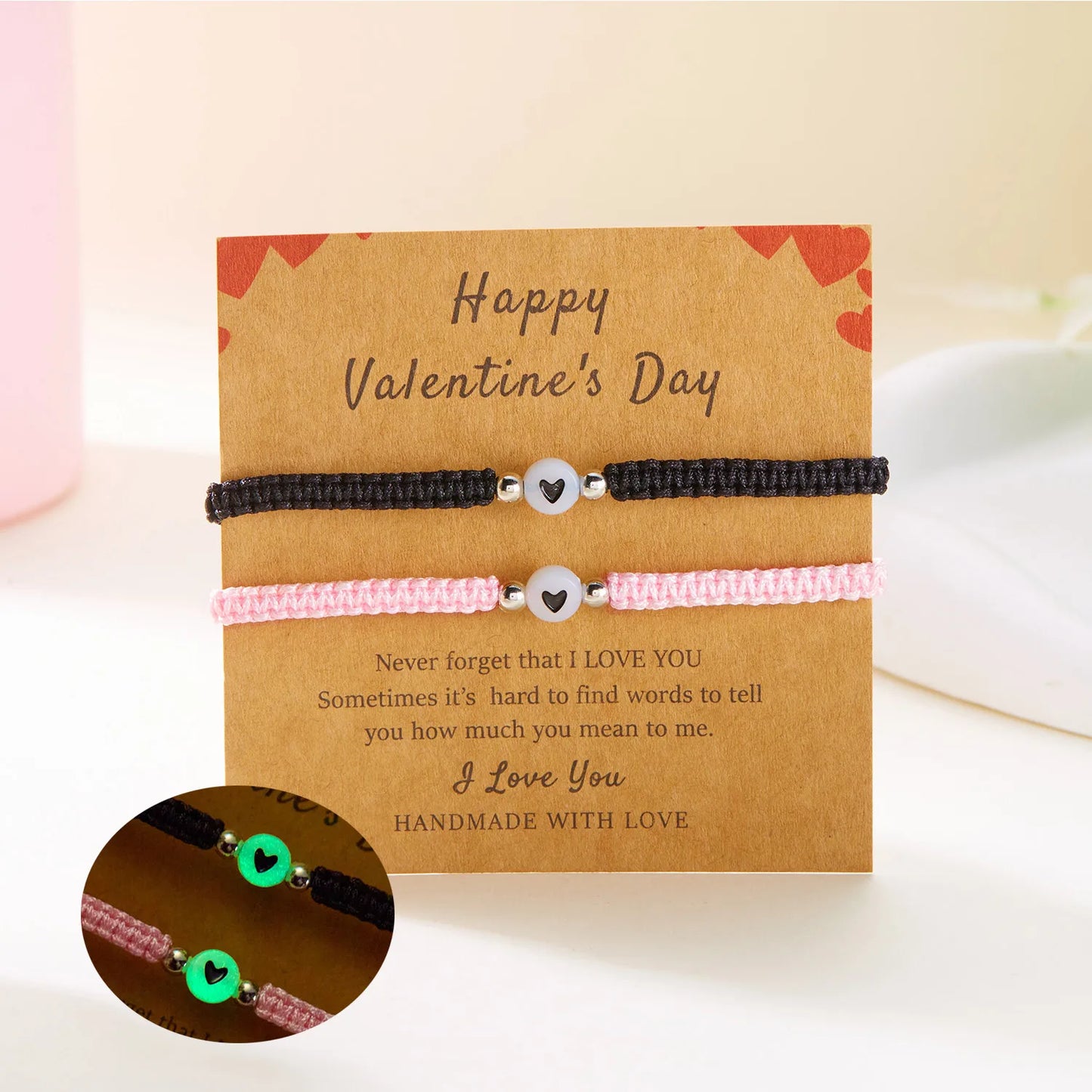 2PCS Luminous Heart Cache Bracelet – Adjustable Handmade Matching Promise Jewelry for Couples & Friends