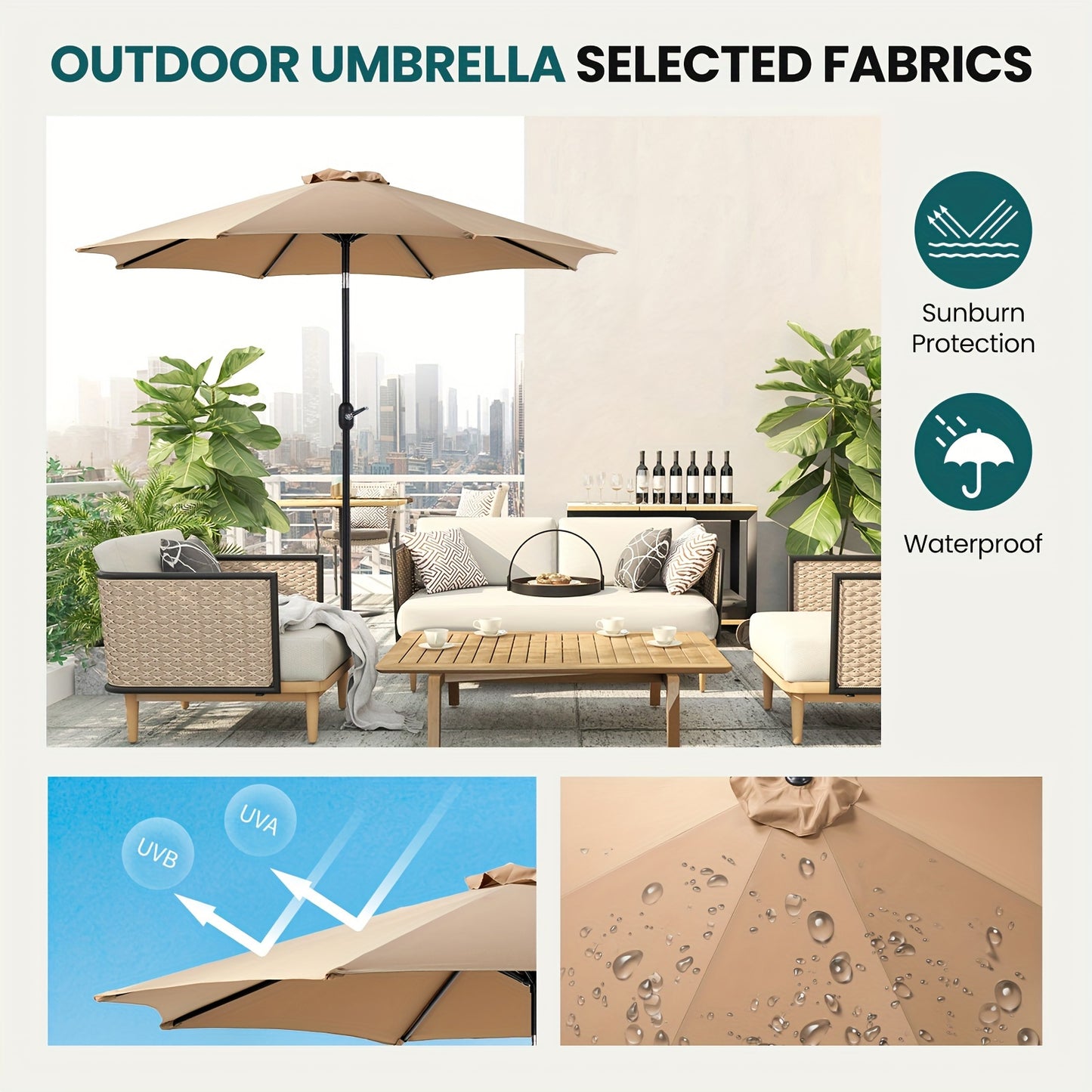 🌞 9 FT Outdoor Patio Umbrella with Push Button Tilt and Crank - Waterproof, 8 Sturdy Ribs - Market Yard Umbrella