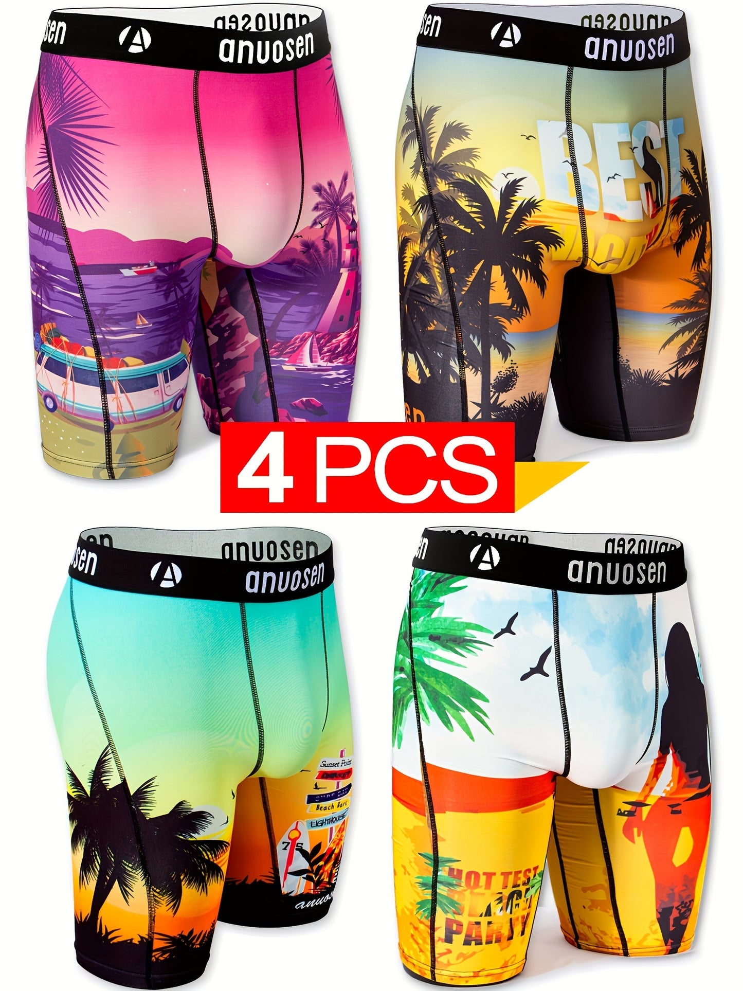 4pcs Men's Printed Sports Underwear 🩲: Beach Pants 🏖️, Quick-Dry & Breathable Extended Running Shorts 🏃‍♂️, Sunny Beach Print 🌞