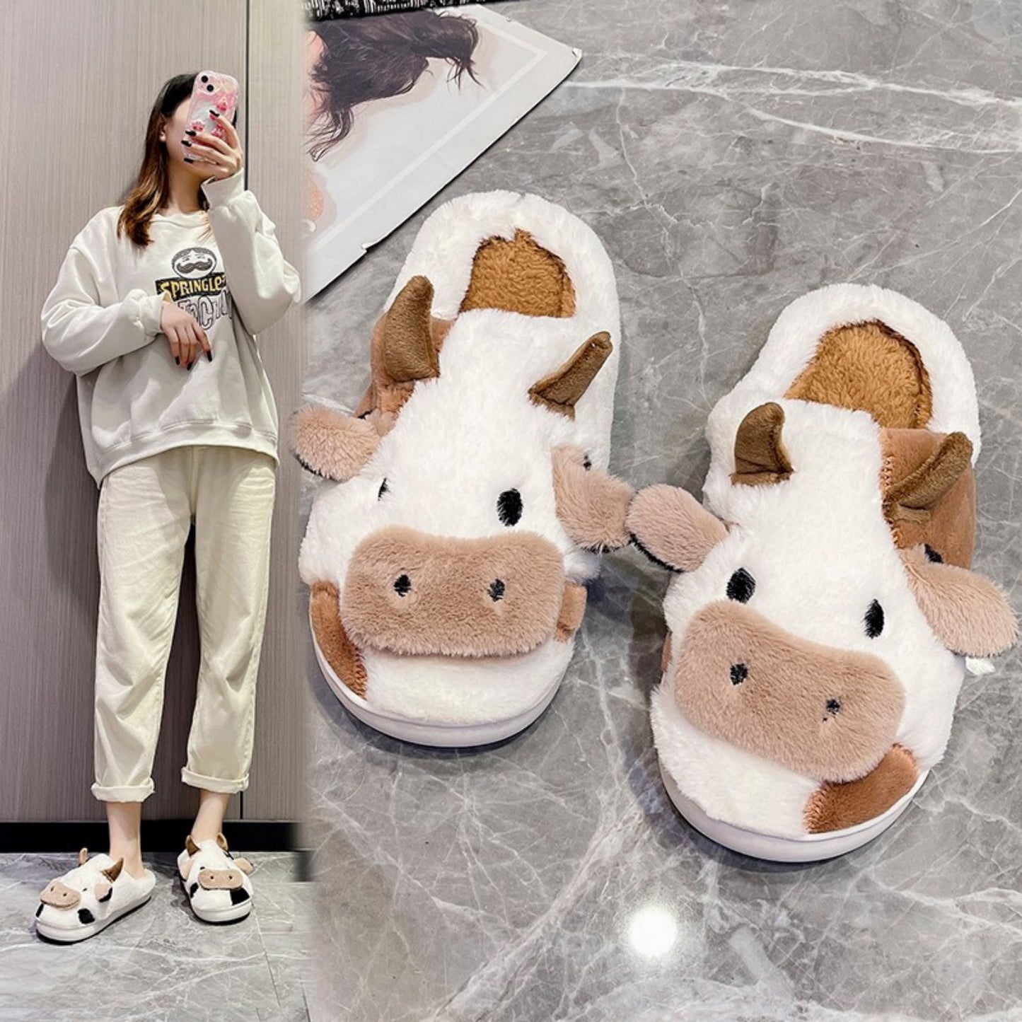 Fuzzy Cute Cow Slippers For Women - Winter Warm Cozy Animal Fluffy Kawaii House Slippers