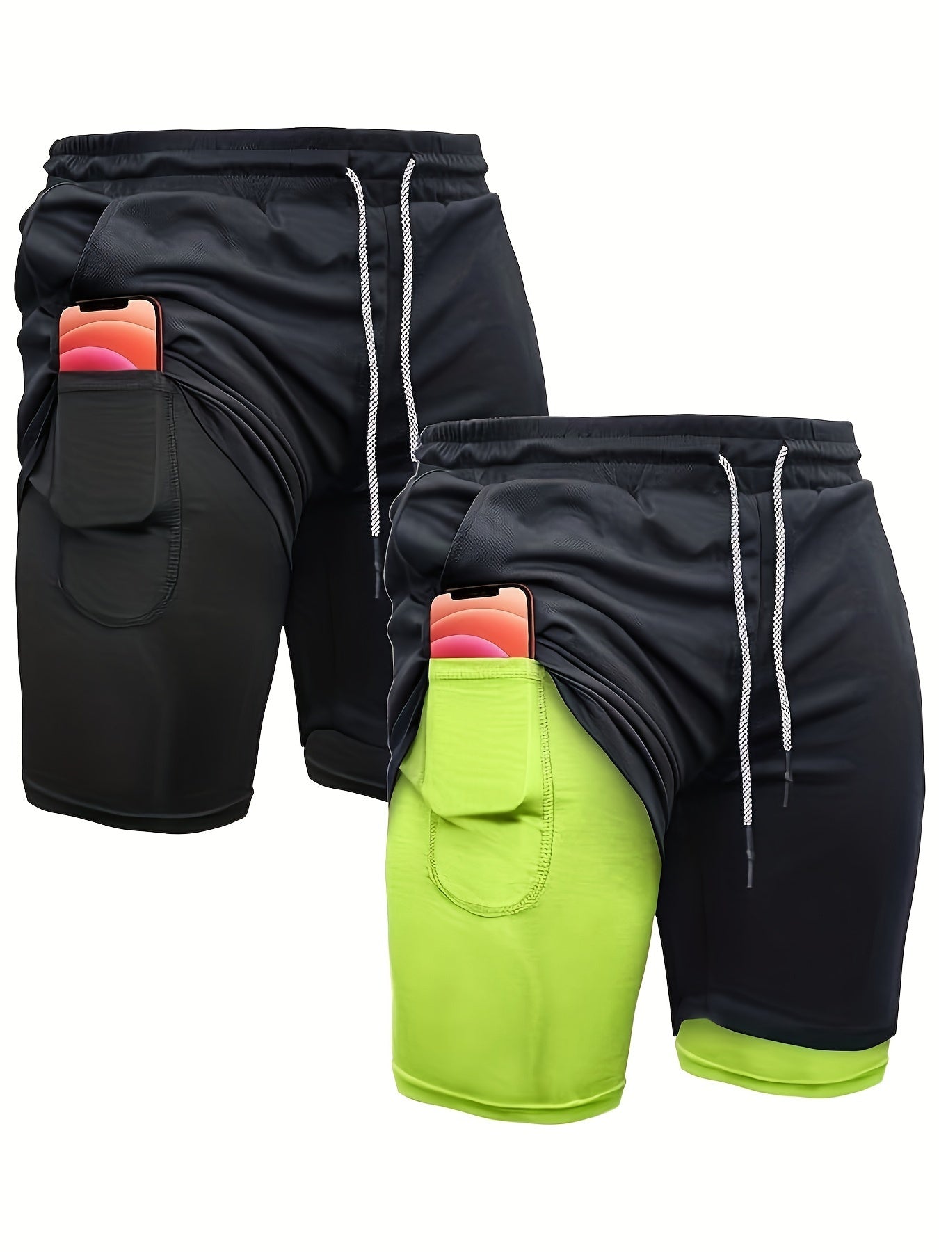 2pcs Men's 2-in-1 Double Layer Shorts With Inner Pocket, Fashion Male Sports Shorts For Summer Gym Workout Training