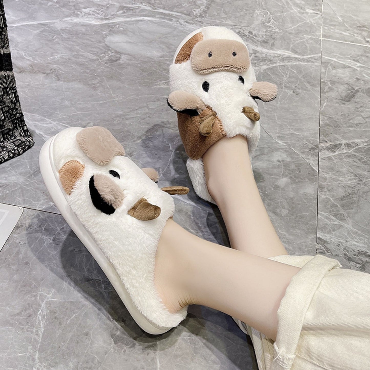 Fuzzy Cute Cow Slippers For Women - Winter Warm Cozy Animal Fluffy Kawaii House Slippers