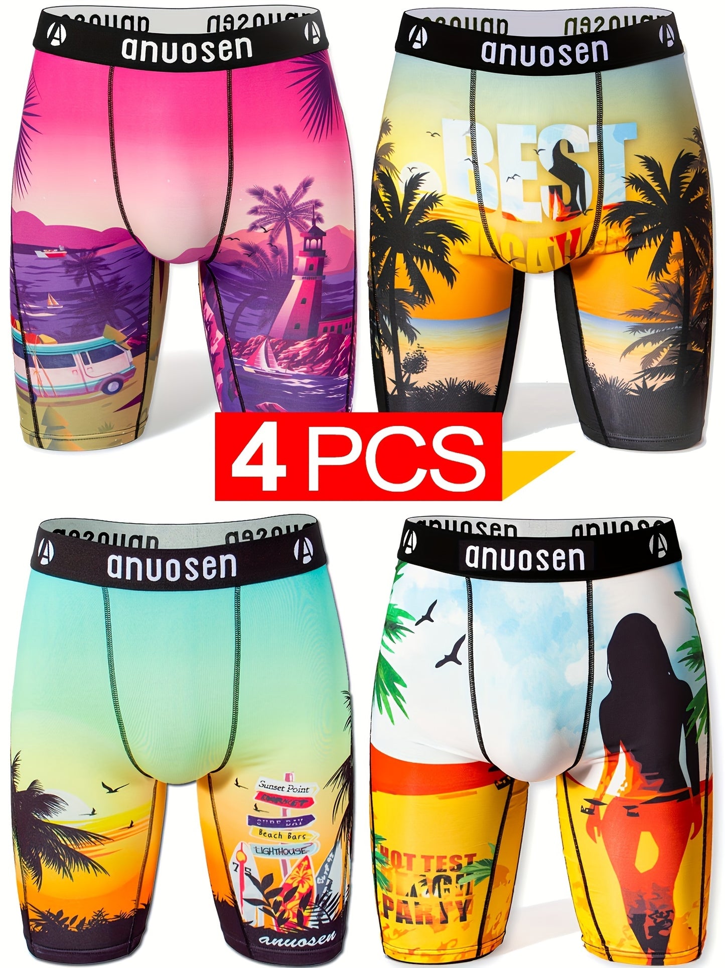 4pcs Men's Printed Sports Underwear 🩲: Beach Pants 🏖️, Quick-Dry & Breathable Extended Running Shorts 🏃‍♂️, Sunny Beach Print 🌞