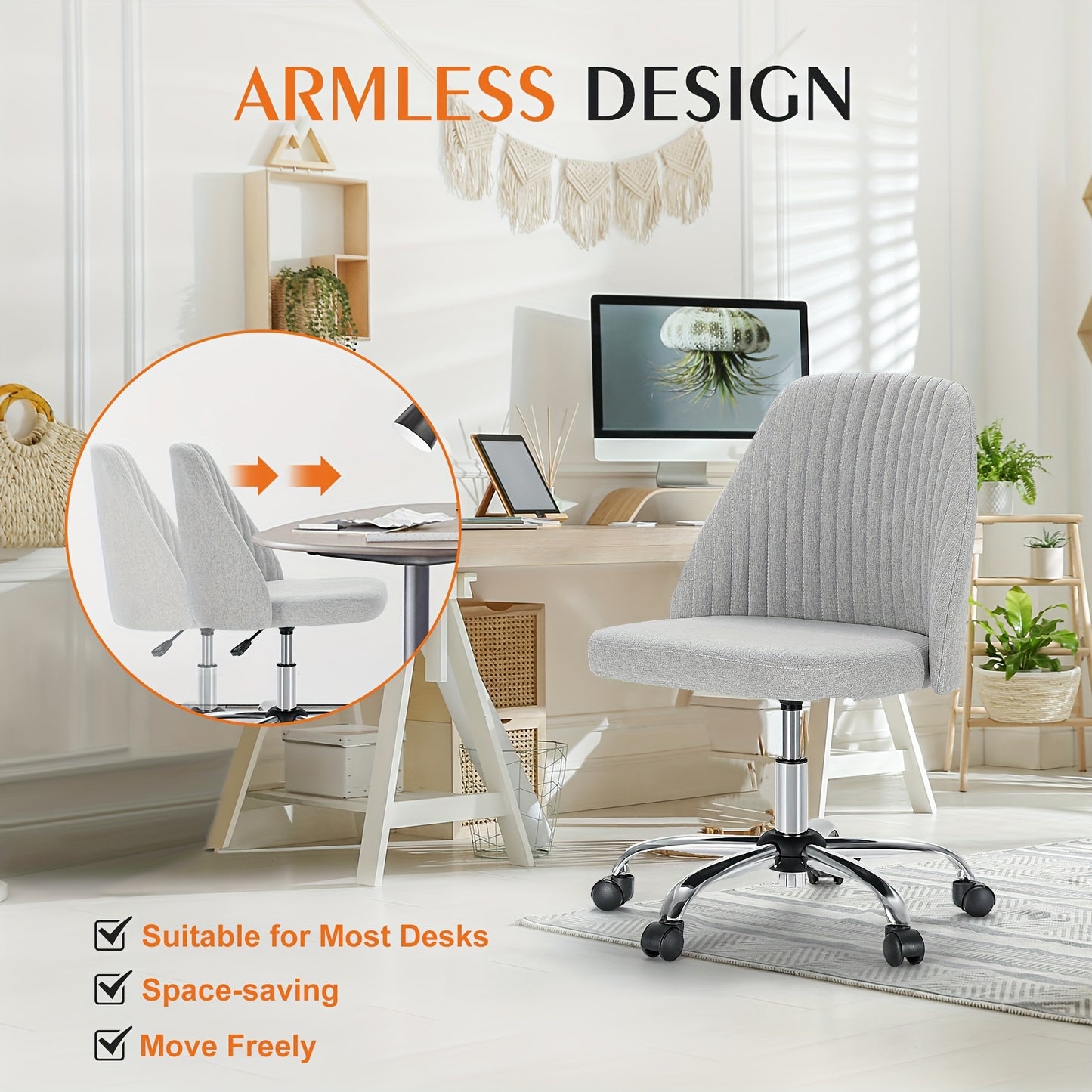 Armless Office Chair, Fabric Home Office Desk Chairs with Wheels Adjustable Swivel Vanity Task Computer Chair