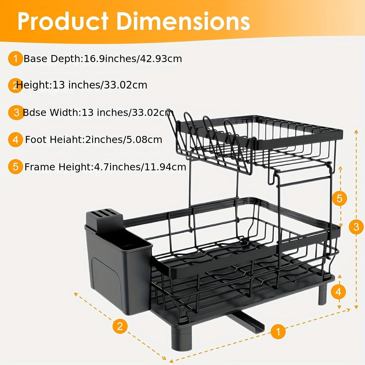 2-Layer Bowl and Dish Drying Rack - Metal Kitchen Counter Dish Drain with Knife and Cup Holder