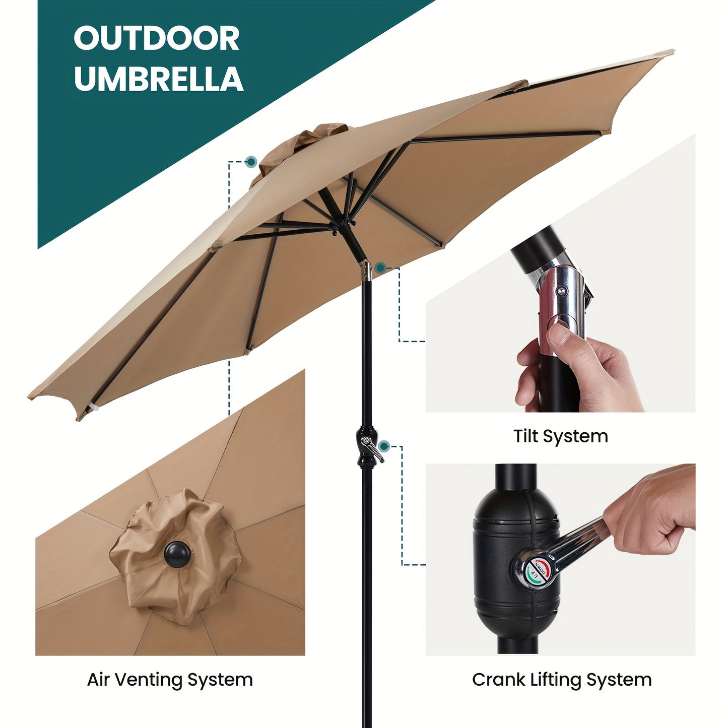 🌞 9 FT Outdoor Patio Umbrella with Push Button Tilt and Crank - Waterproof, 8 Sturdy Ribs - Market Yard Umbrella