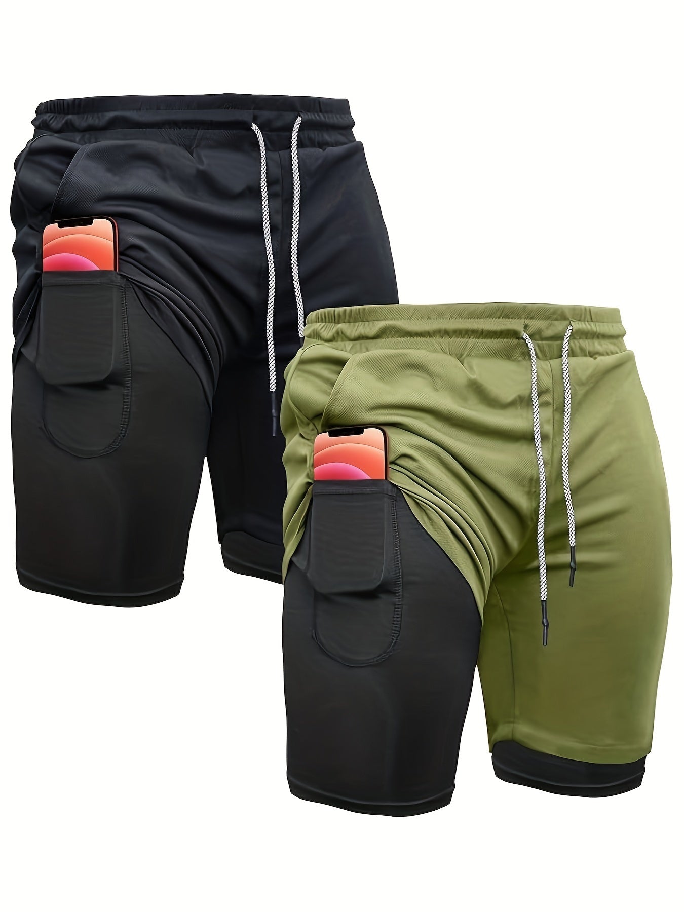 2pcs Men's 2-in-1 Double Layer Shorts With Inner Pocket, Fashion Male Sports Shorts For Summer Gym Workout Training