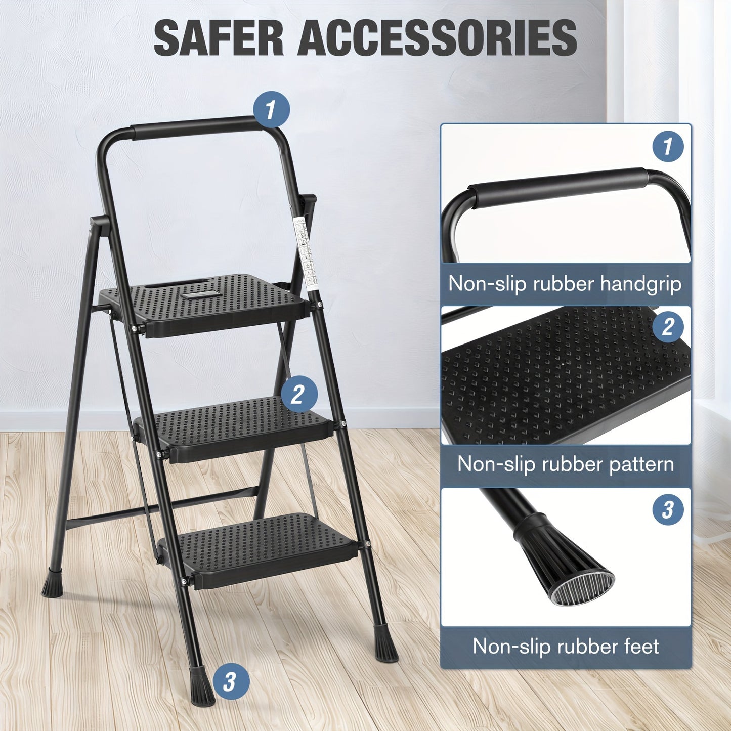 Foldable Ladder Heavy Duty Folding Step Stool with Wide Anti-Slip Pedal, 800lbs Sturdy Steel Ladder Convenient Tool Lightweight Portable Steel Step Stool, 2 Steps 3 Steps, Black