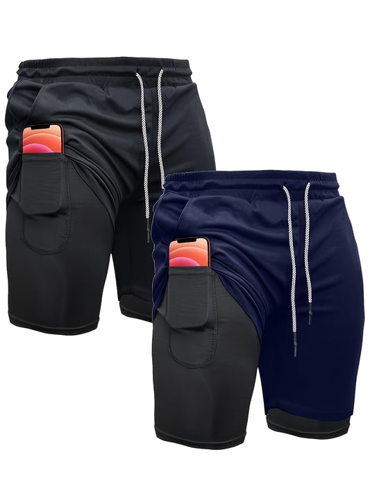 2pcs Men's 2-in-1 Double Layer Shorts With Inner Pocket, Fashion Male Sports Shorts For Summer Gym Workout Training