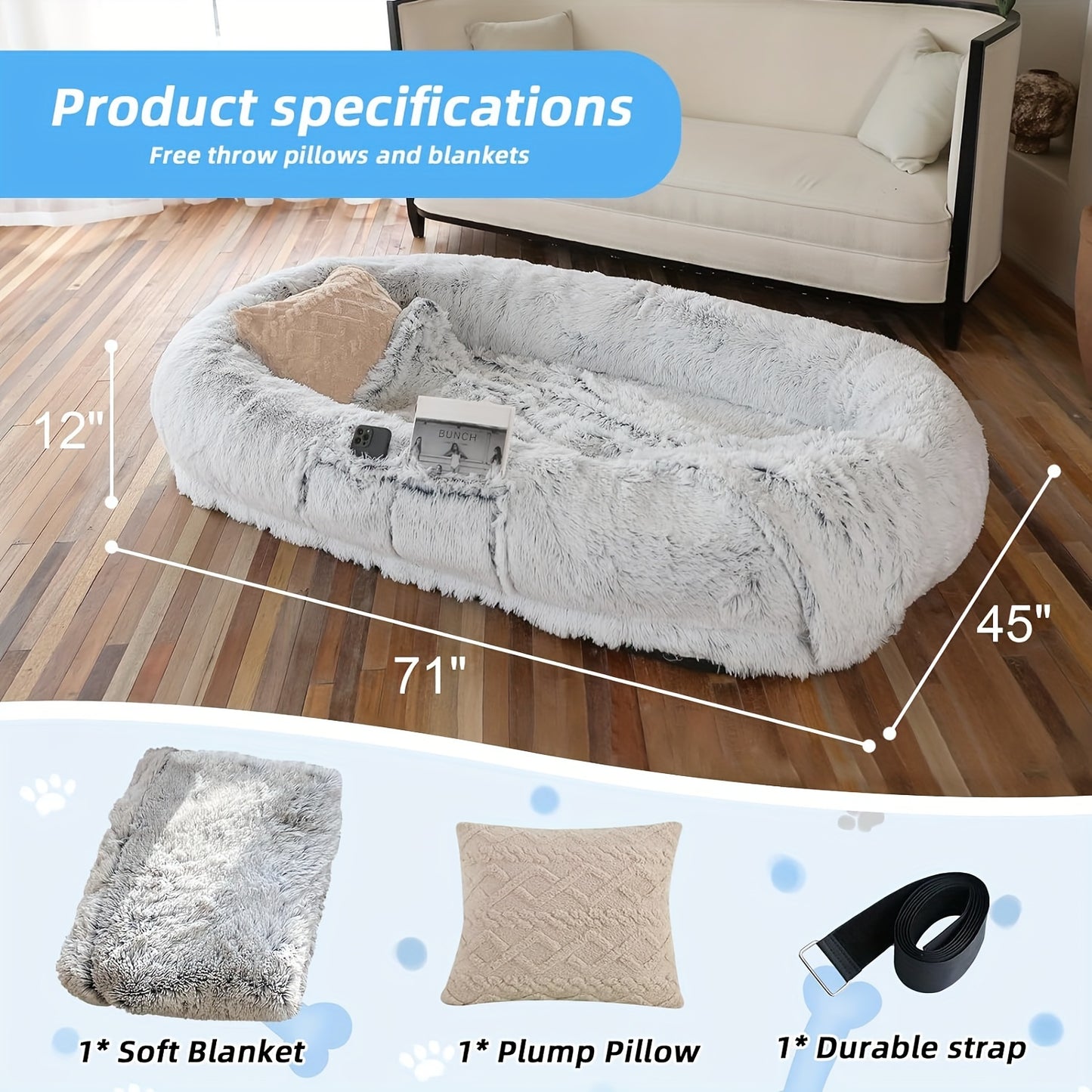 Human Dog Bed - 71''x45''x12'' Washable Faux Fur Dog Bed for People & Pets | Orthopedic Napping Bed with Pillow & Blanket - Grey