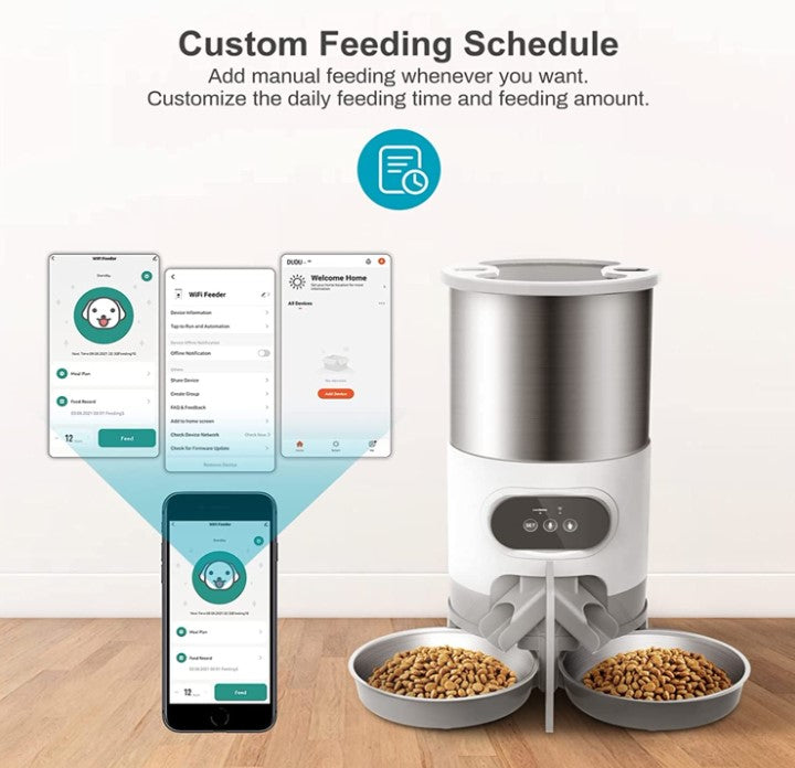 Smart APP Pet Feeder - Cat And Dog Food Automatic Dispenser - Timed Pet Food Dispenser with Stainless Steel Bowl